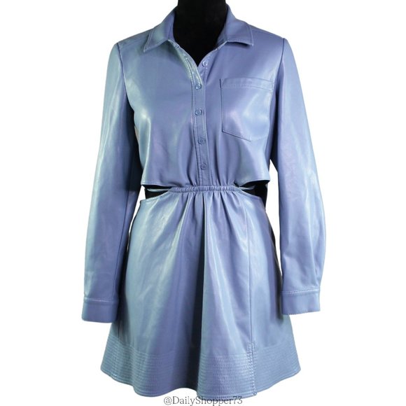 Jonathan Simkhai "Shaelyn" Faux Leather Powder Blue Cutout Shirt Dress - Picture 2 of 10